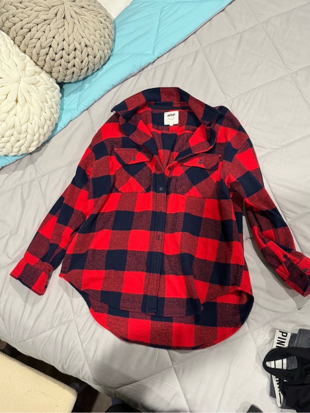 Aerie Red and navy Buffalo Plaid Button down flannel Shirt